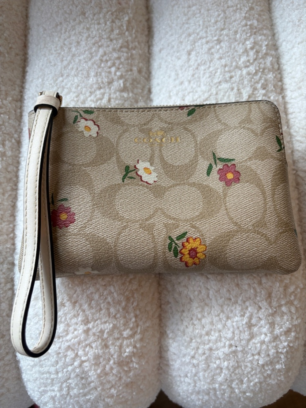 Coach Beige Floral Signature Wristlet Pouch
